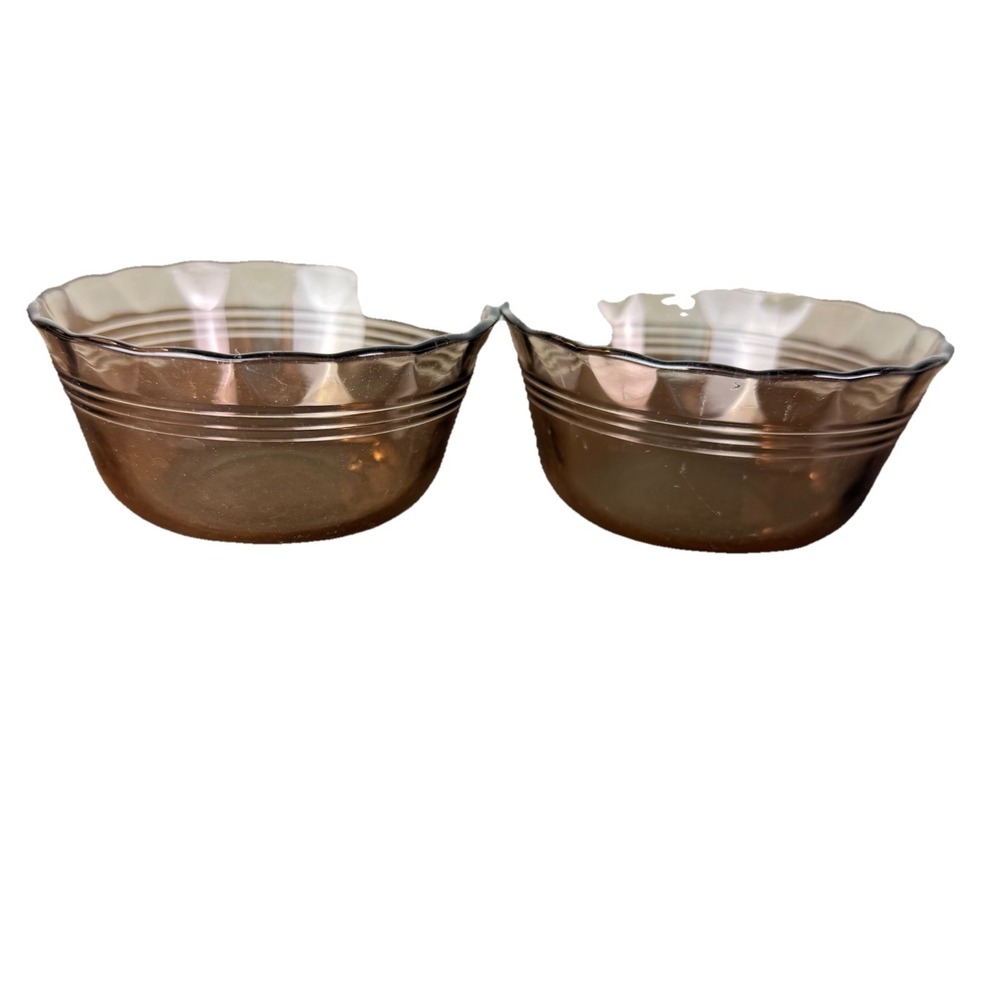 2 VTG Pyrex‎ Scalloped Edge Brown Glass Ramekins Custard Cups Mini Bowls, MCM
